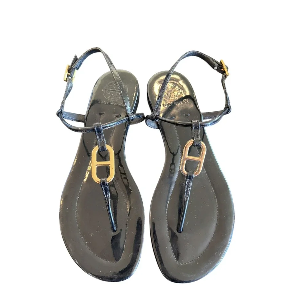 Tory Burch Womens Patent Sandals 7M Black T Strap Thong Gold Link Minimalist
